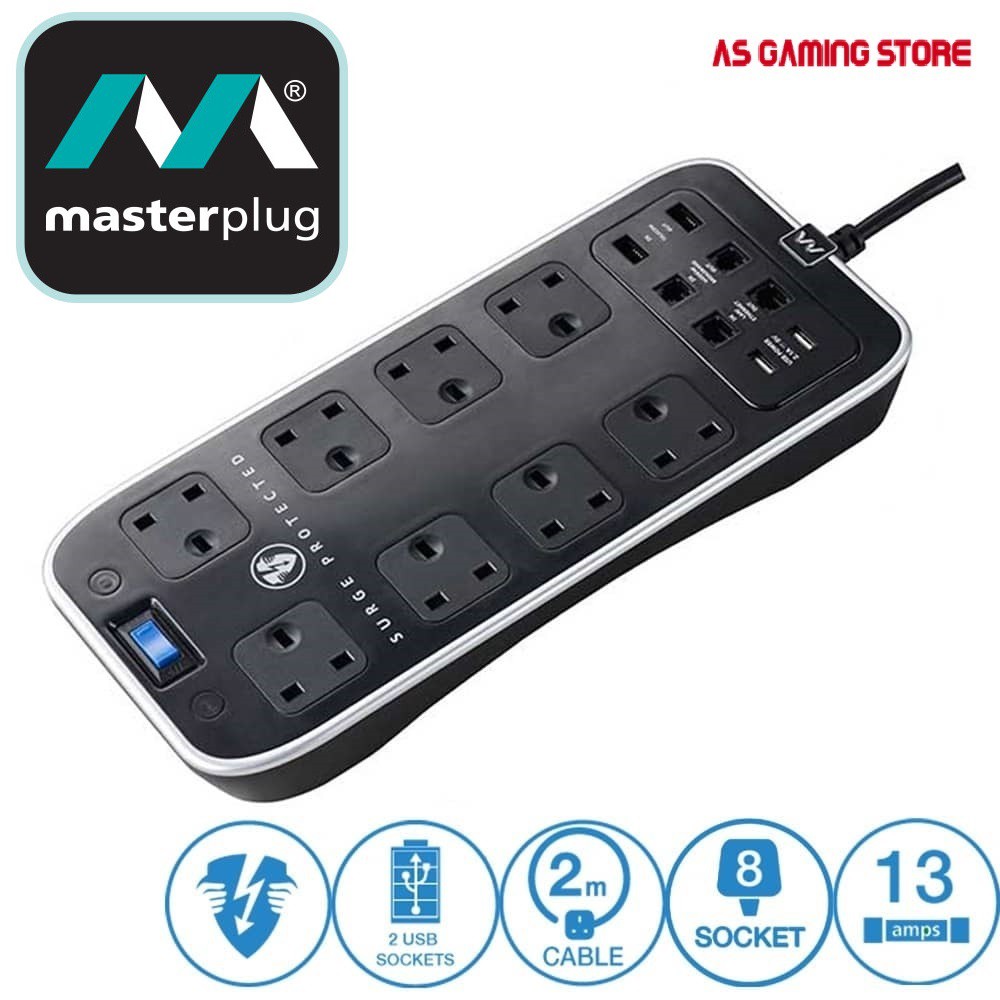 Masterplug Surge Protector 8 Gang 2 USB (2.1A / 3.1A) 2 Meter Extension
