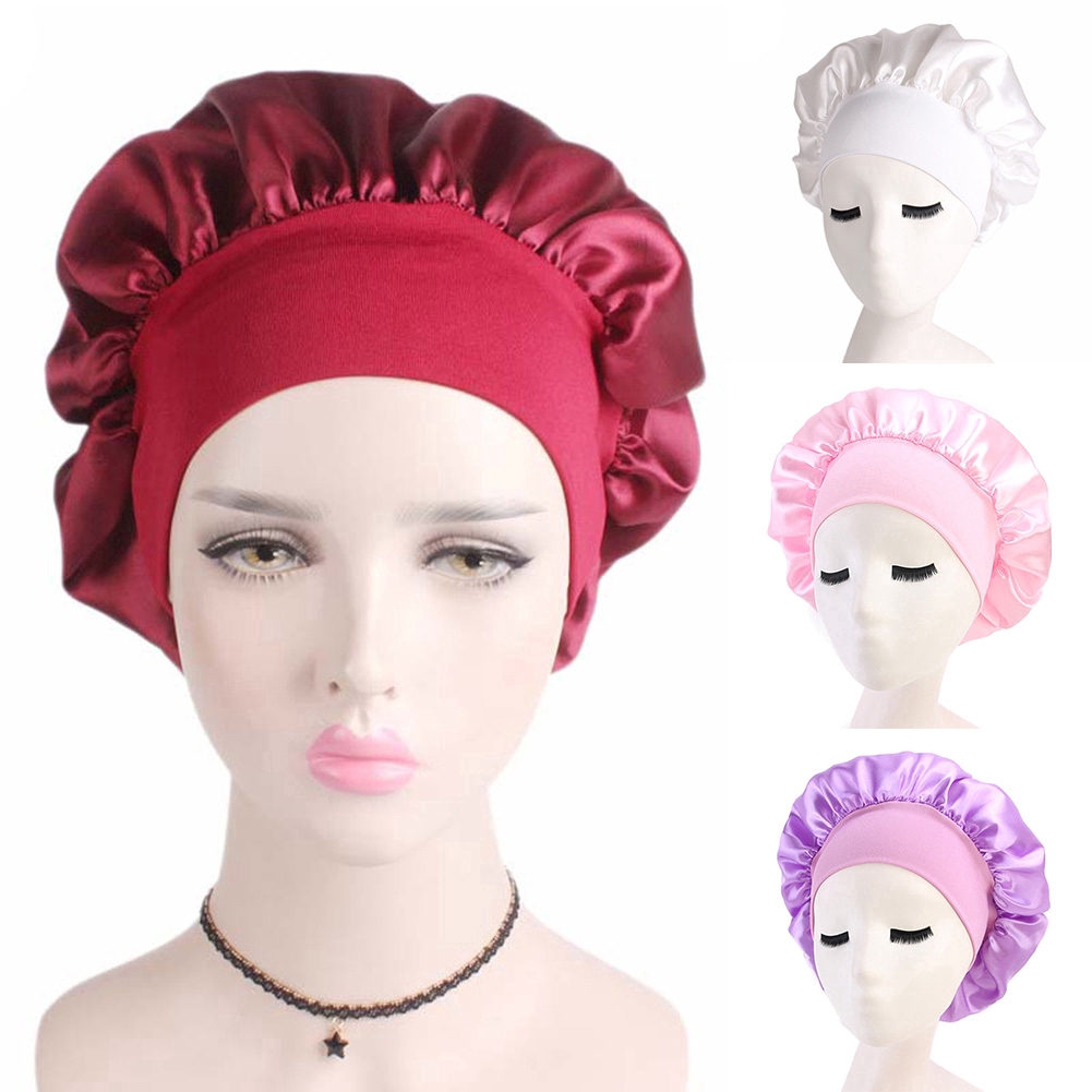 Essential Must Women Soft Solid Wide-Brimmed Silk Sleep Cap Bath Hair Care Elastic Bonnet Nightcap - Image 2