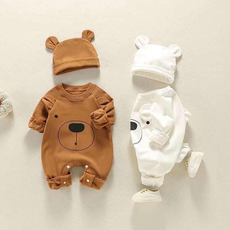Baby Long-sleeved Onesie Boys and Girls Cute Bodysuit Set with Hat
