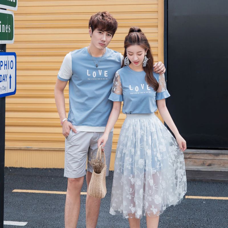 ʕ´•ᴥ•`ʔCouple OOTD Fashion Design Sky blue情侣装夏装不一样超仙的短袖女套装夏季 你衣我裙子Couple Wear Women T-shirt dress couple wear