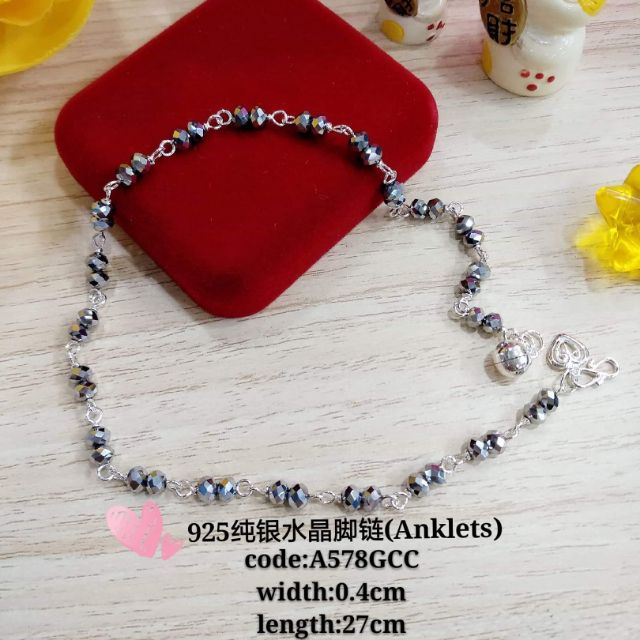 925纯银黑水晶脚链(925 sterling silver black crystal anklets)*Rantai kaki