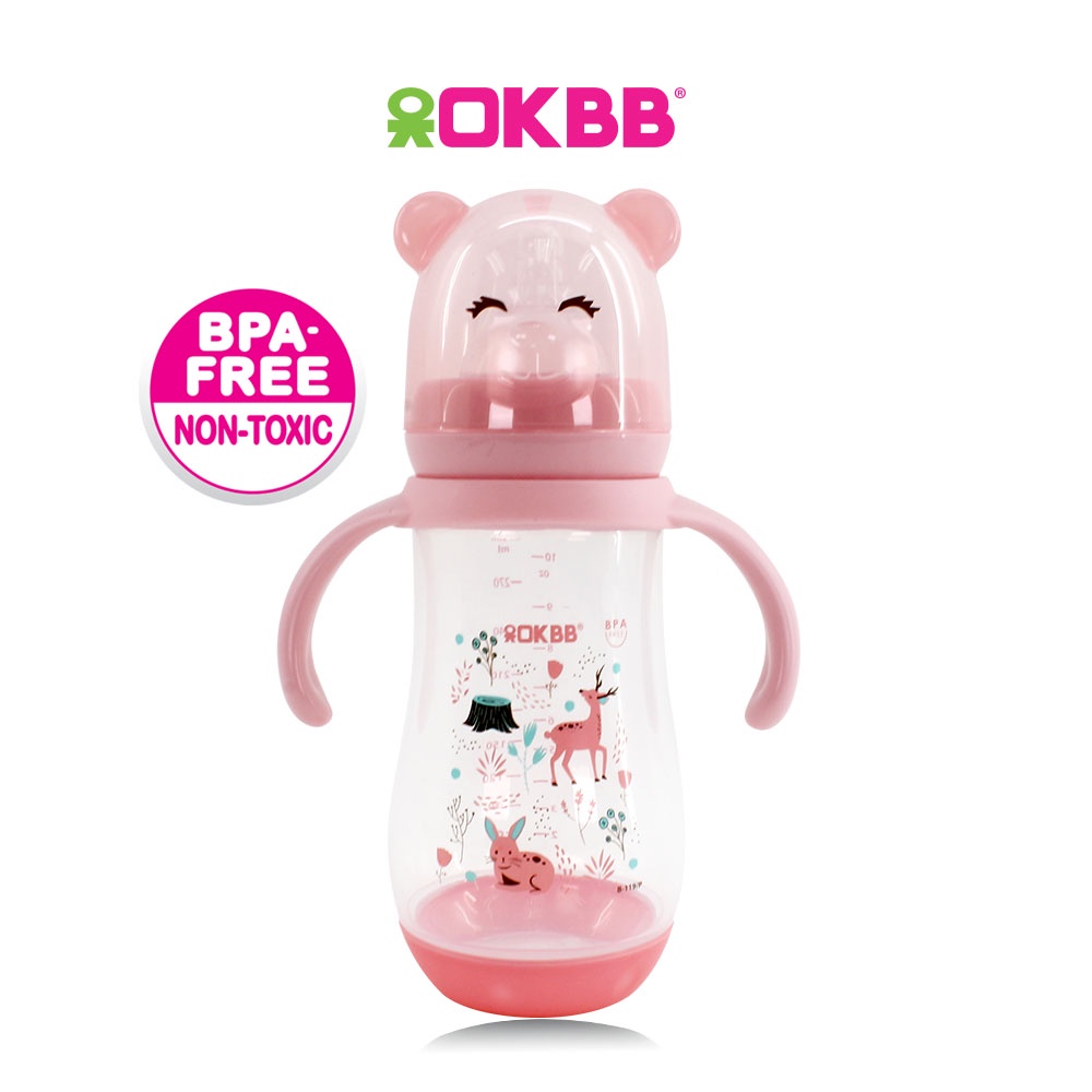 OKBB Baby Cartoon Wide Neck Teats Feeding Milk Bottle With Handle Feeding Essentials 10 Oz (300ml) B119P