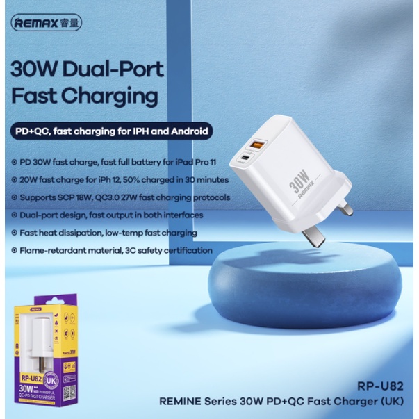 Remax RP-U82 High Current Dual Port PD 30W QC+PD UK Plug Fast Charger ...