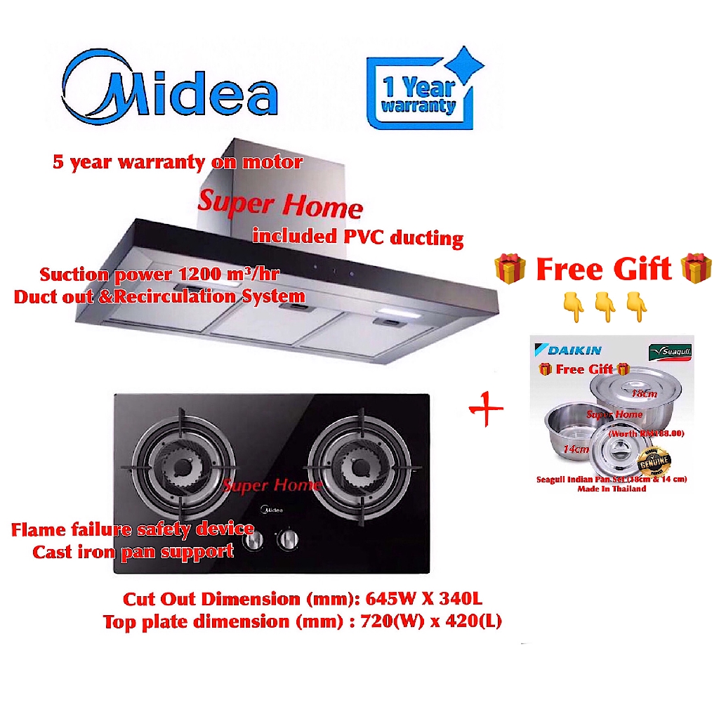 Midea Mch 90tm1 T Shape Designer Hood Mgh 2411gl Glass Hob Free Gift Seagull Indian Pan Set 18cm 14 Cm Shopee Malaysia