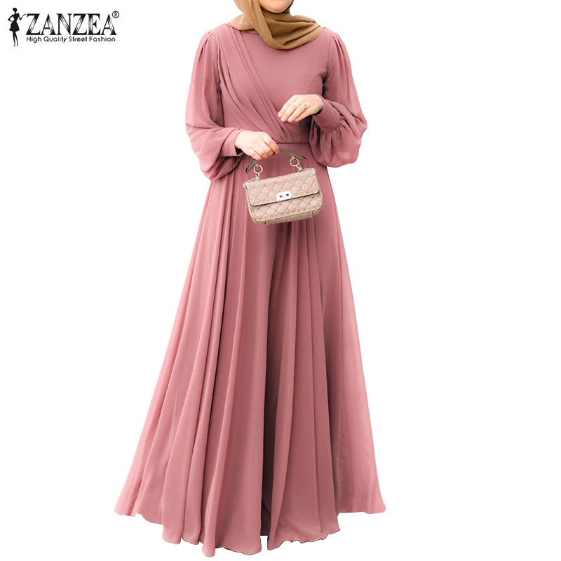 ZANZEA Women Long Puff Sleeve Casual Pleated Slim Waist Back Zipper Muslim Long Dress
