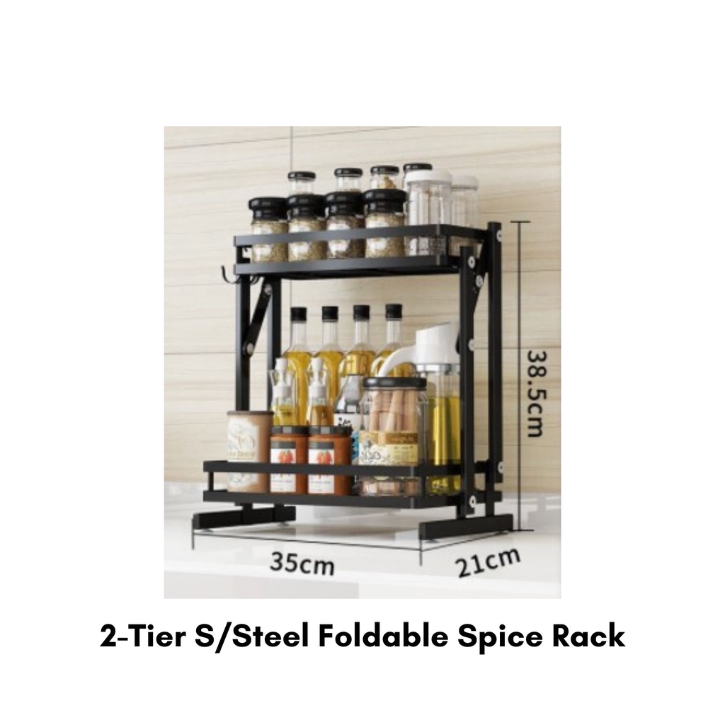 2-Tier / 3-Tier Stainless Steel Foldable Spice Rack, Multi-function Countertop Kitchen Rack Organizer with 3 Hooks