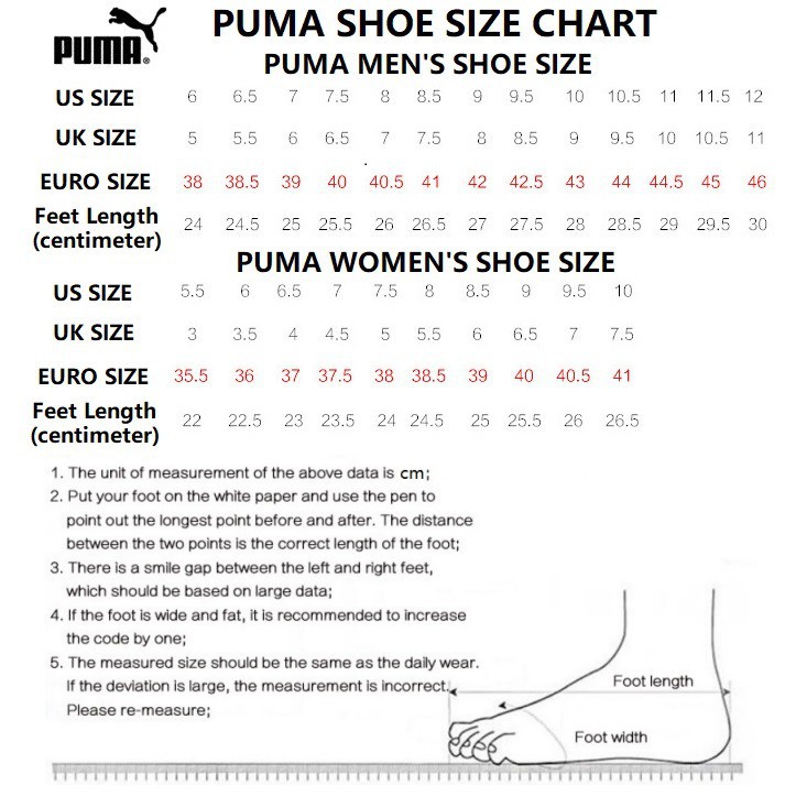 size chart puma footwear