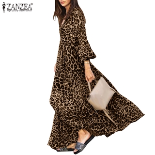 Image of ZANZEA Women Leopard Print Relaxed Fit Loose Casual Maxi Dress