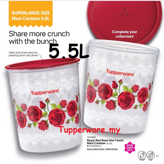 [New 5.5L]Tupperware Royal Red Rose One Touch Maxi Canister 5.5L