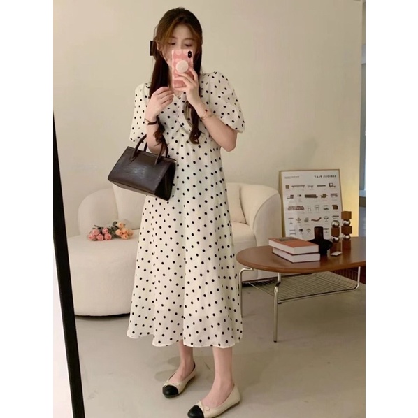 Corn Dress Polka Korean Summer Sweet Dress Spring Puff White Olive Green Midi Sweet Holiday Vacation Picnic Casual Korean Style Look Cream Holiday
