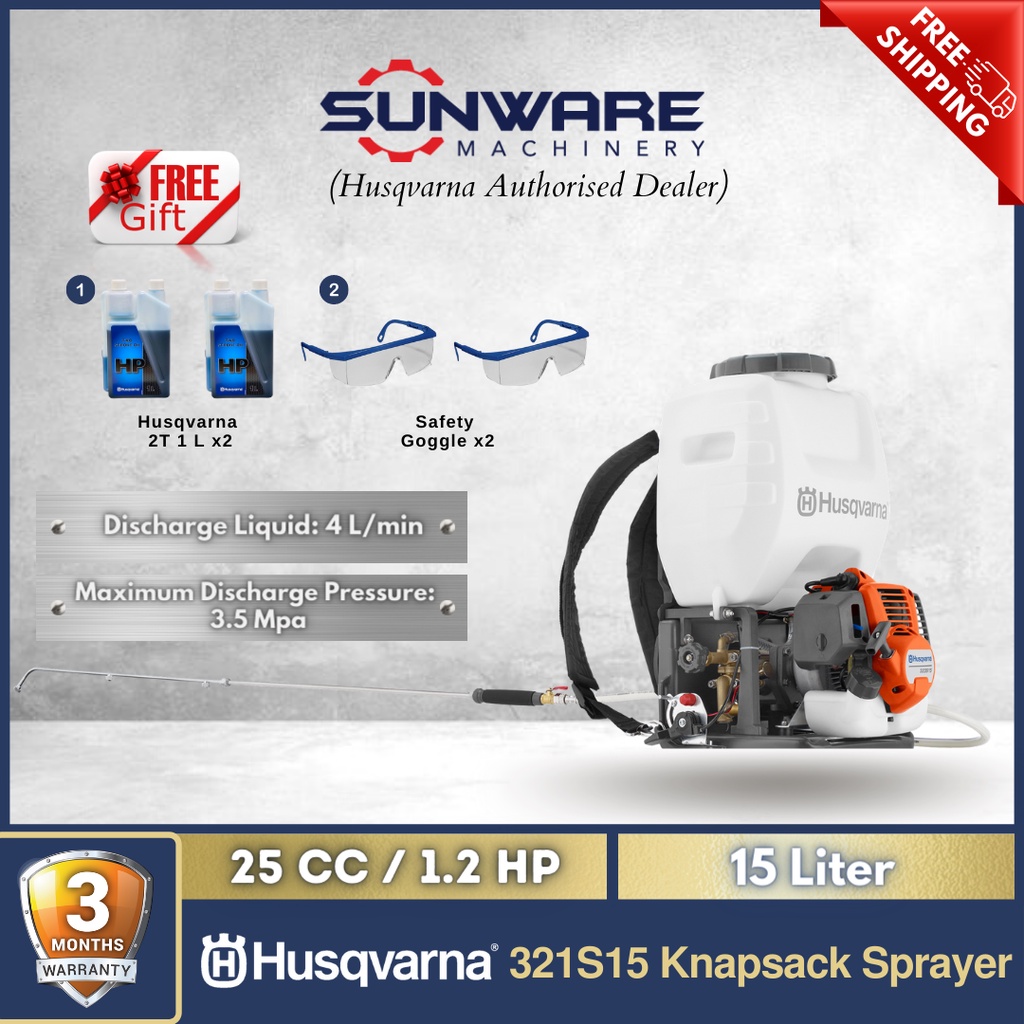 [Free Shipping] HUSQVARNA 321S15 Garden Knapsack Sprayer 15L (FOC Husqvarna 2T / safety eyewear)