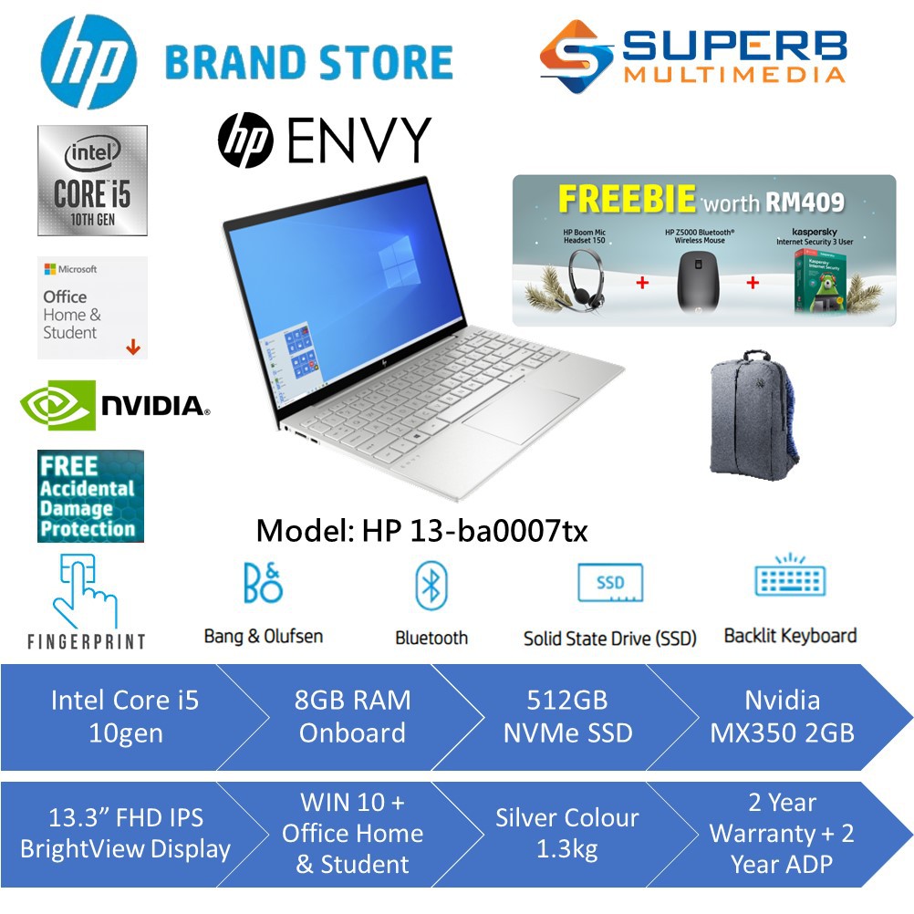 Hp Envy Laptop 13 Ba0007tx Silver Intel Core I5 8gb Ram 512gb Ssd Nvidia Mx350 2gb 2yrs Adp Win10 Opi Shopee Malaysia
