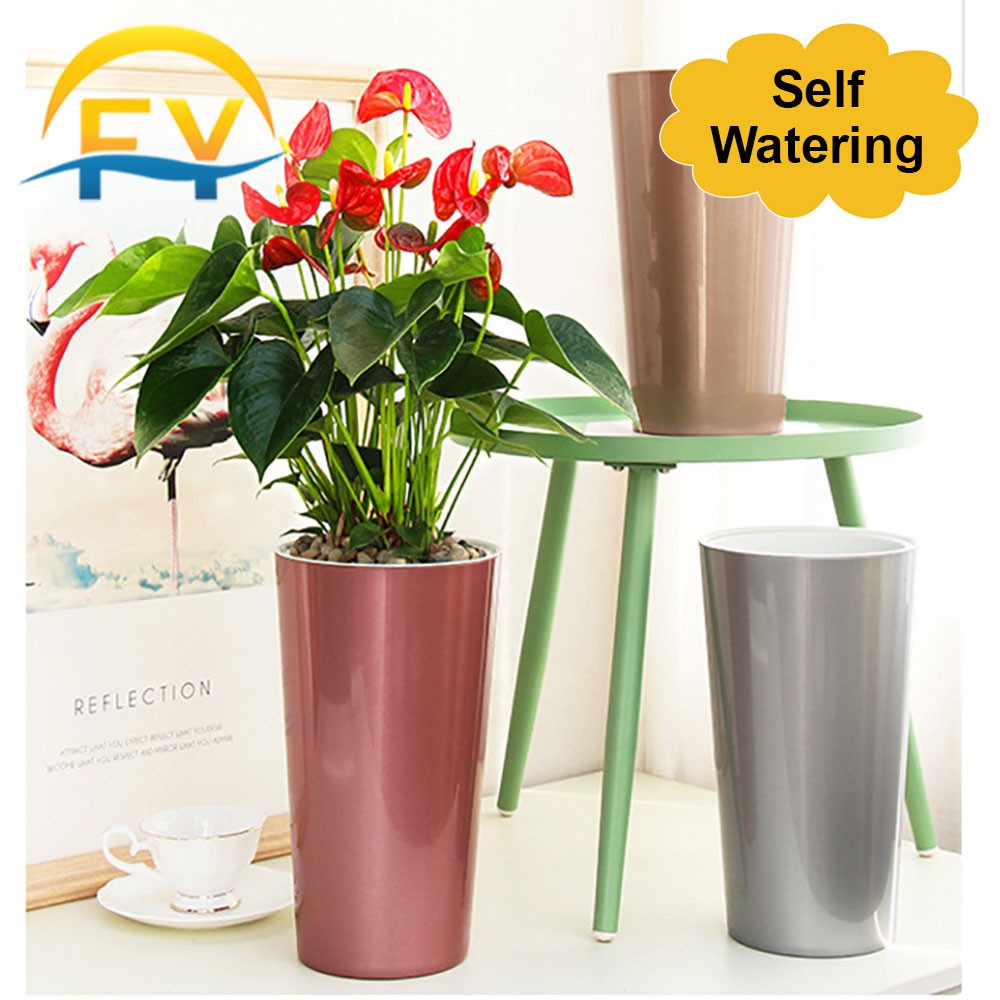 FY Self Watering Pot Flower Pot Pasu Bunga Simulated Metal Tall Indoor ...