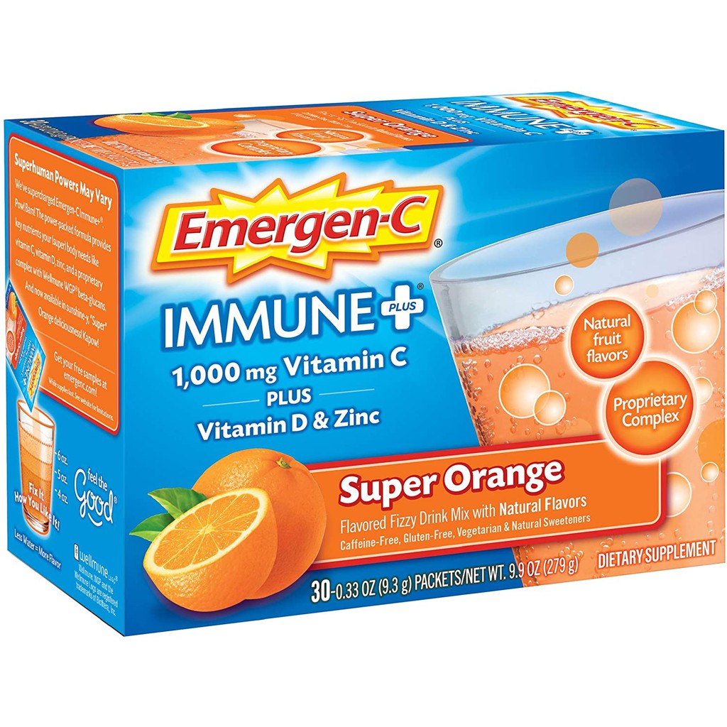 EmergenC Immune+ Vitamin C 1000mg Powder, Plus Vitamin D And Zinc (30 Count, Super Orange