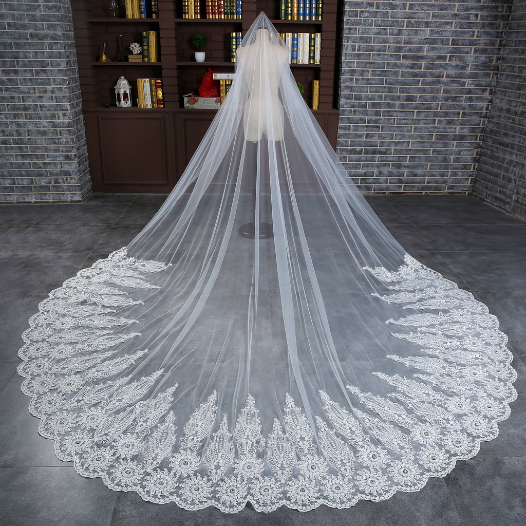 Bride White Veil 3 Meters Lace Embroidery Wedding Dress