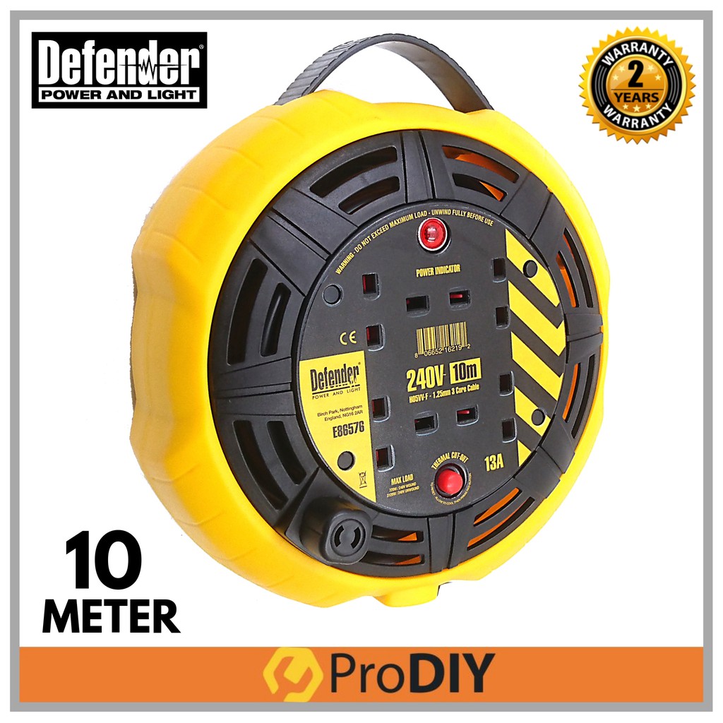 DEFENDER E86576 10M 240V Industrial Extension Wire Cable Reel (2 Years