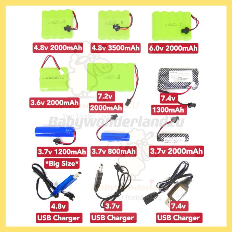 Bateri Kereta Kontrol RC Remote Control Car 4.8V 6V 3.7V 7.4V 7.2V 3.6V USB Charger