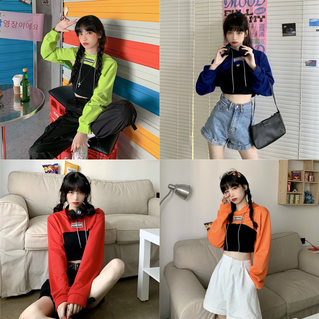 Women's Fashion Clothing Cute Bright Colors Teen Street Long-sleeved T-shirt Korean High Waist Cropped Hip-hop Long Sleeve Top 7 Colors [M-XL]