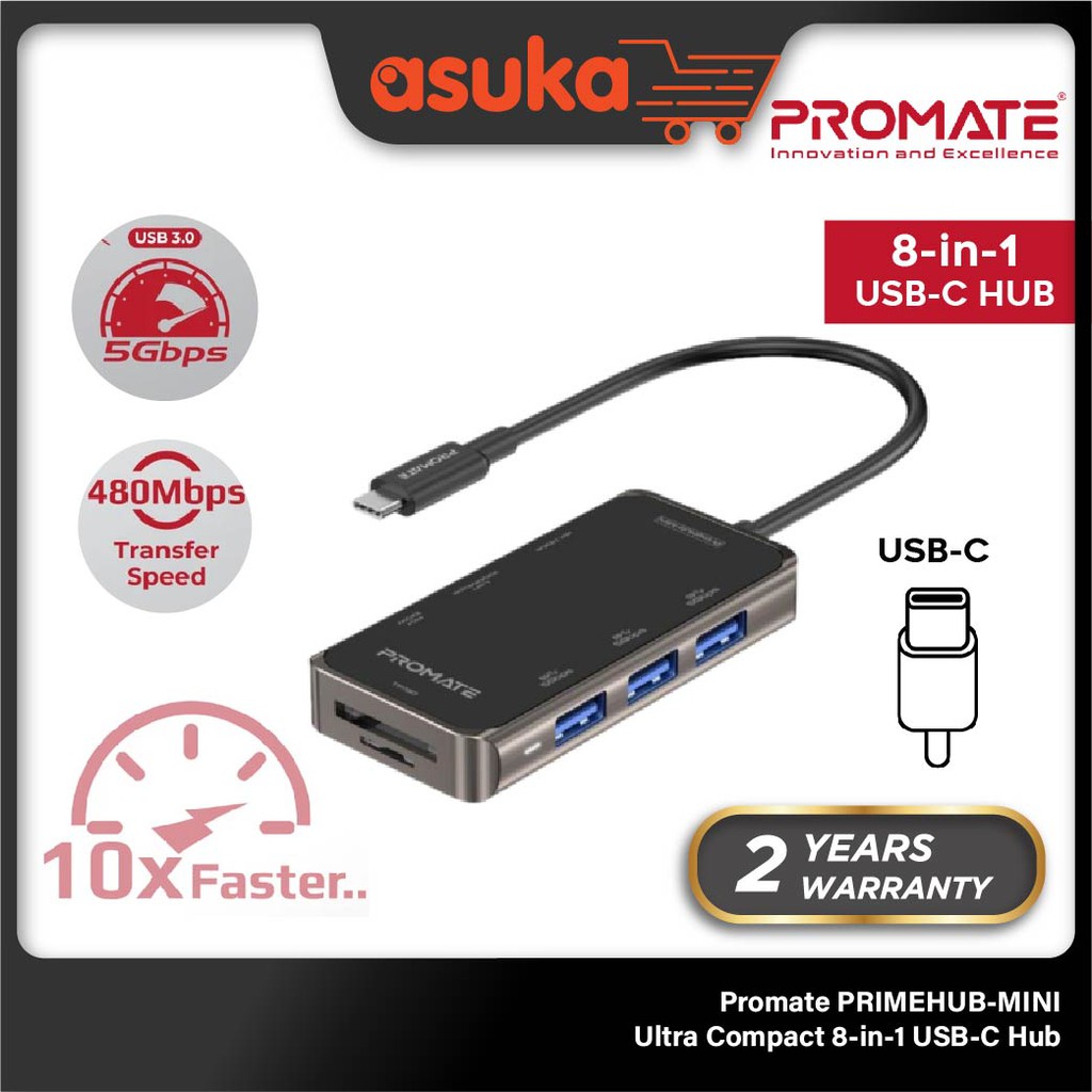 Promate PRIMEHUB-MINI Ultra Compact 8-in-1 USB-C Hub with 100W Power Delivery • 4K HDMI Full HD Port • 1000Mbps LAN