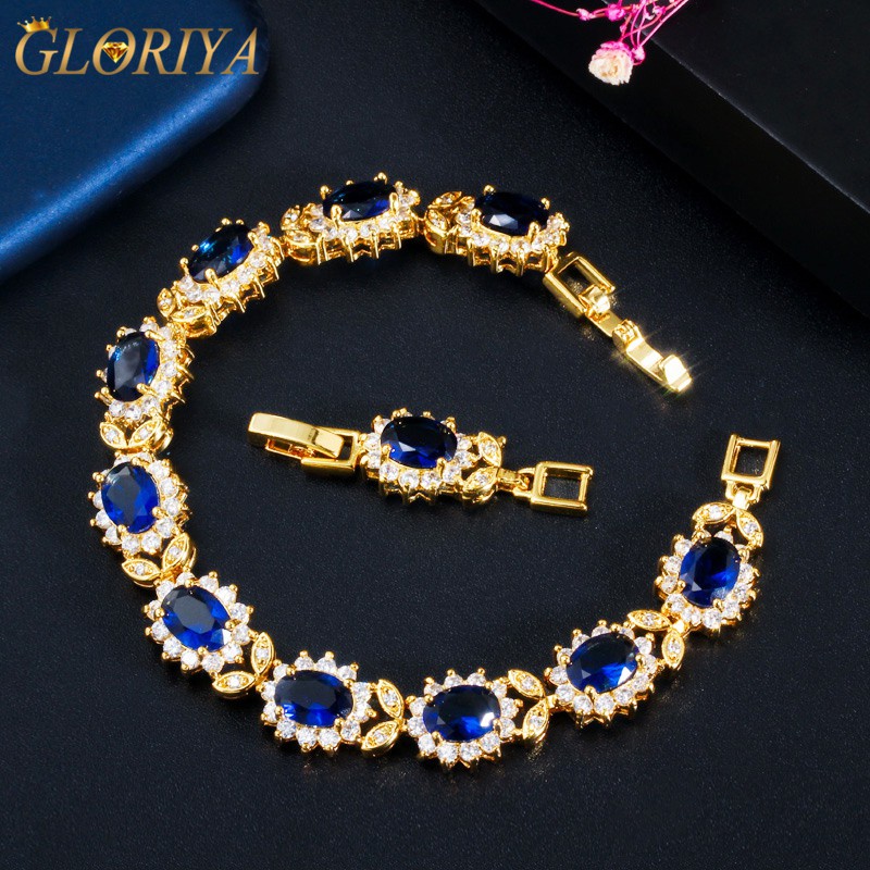 Royal Luxury 585 Gold Color Jewelry Oval Shape Sapphire CZ Crystal Flower Leaf Charm Bling Bracelets Bangles for Wedding Costume Accessories【Gloriya】B065