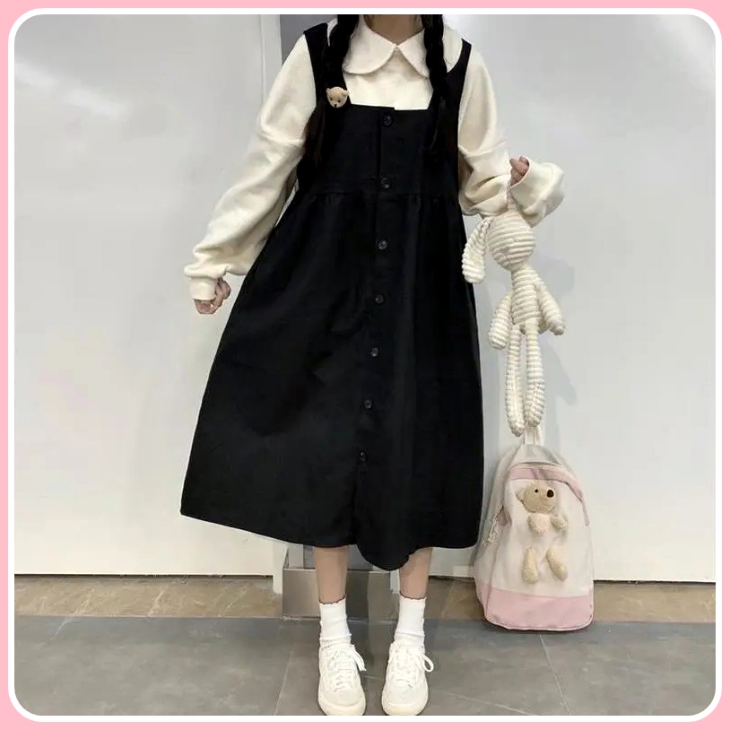 2d Black Overall Dress With Many Buttons Long