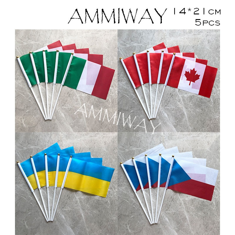 14x21cm 5pcs Italy Canada Ukraine Hand National Hand Flag with Pole Czech Republic Small Hand Waving World Country Flag