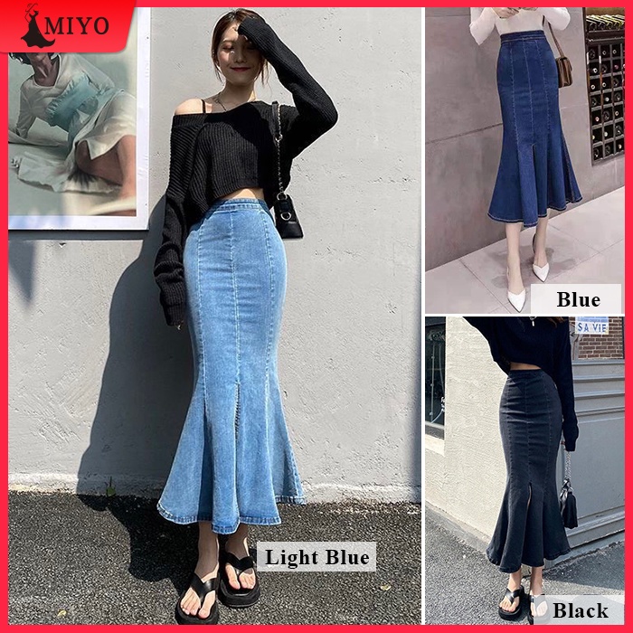 Miyo【Ready Stock】Women Casual Midi Denim Mermaid Skirt / High Waist Long  Jeans Skirt Plain Pleated Skirt / Korean Style | Shopee Malaysia