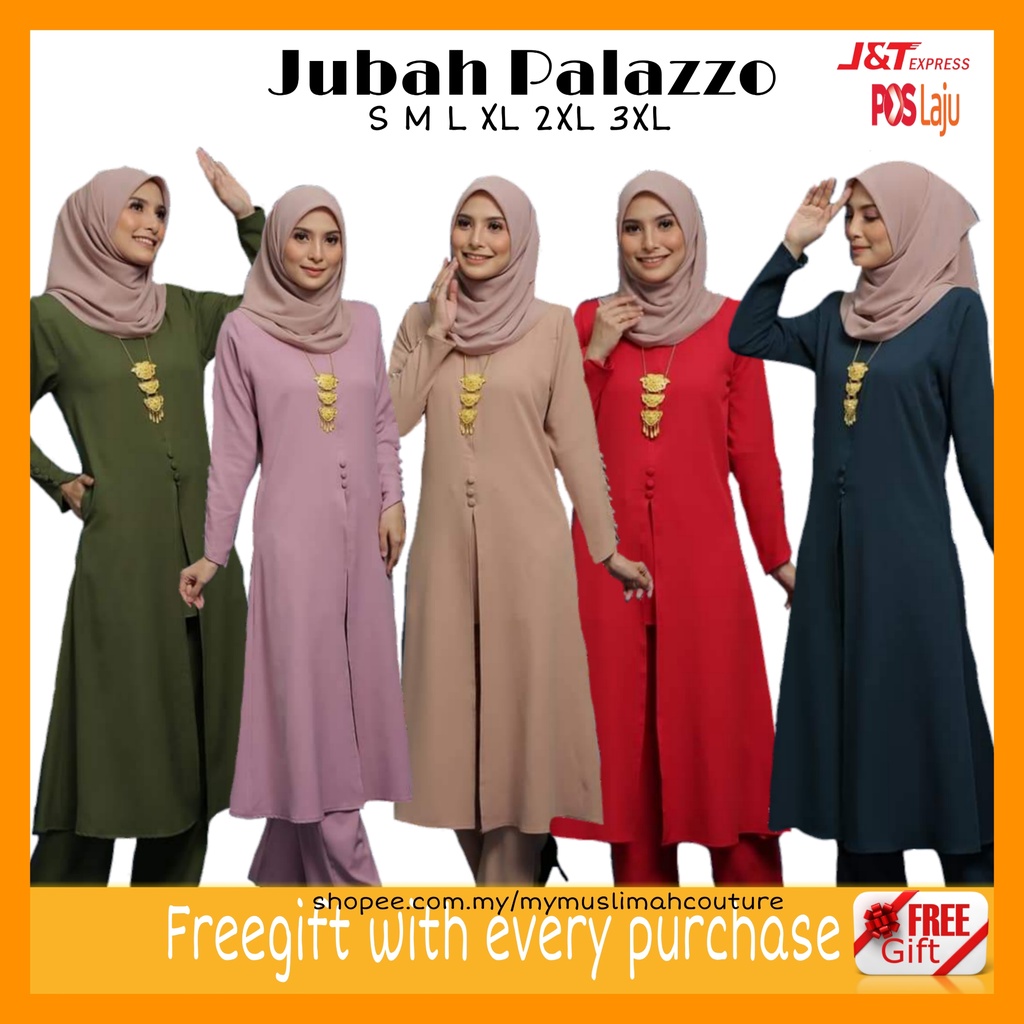 Set Jubah  Suit Palazzo Labuh  Berbutang Pastel Colour Comocrepe Green Army Lilac Red Nude Size S 
