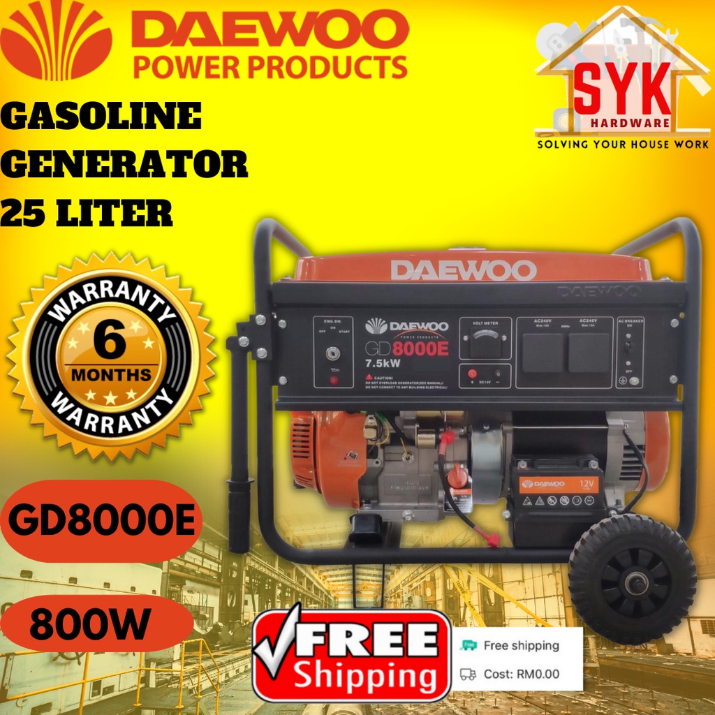 SYK FREE SHIPPING Daewoo Quasa Q3G-E7500 GD8000E Gasoline Petrol Generator Outdoor Camping Pasar Malam