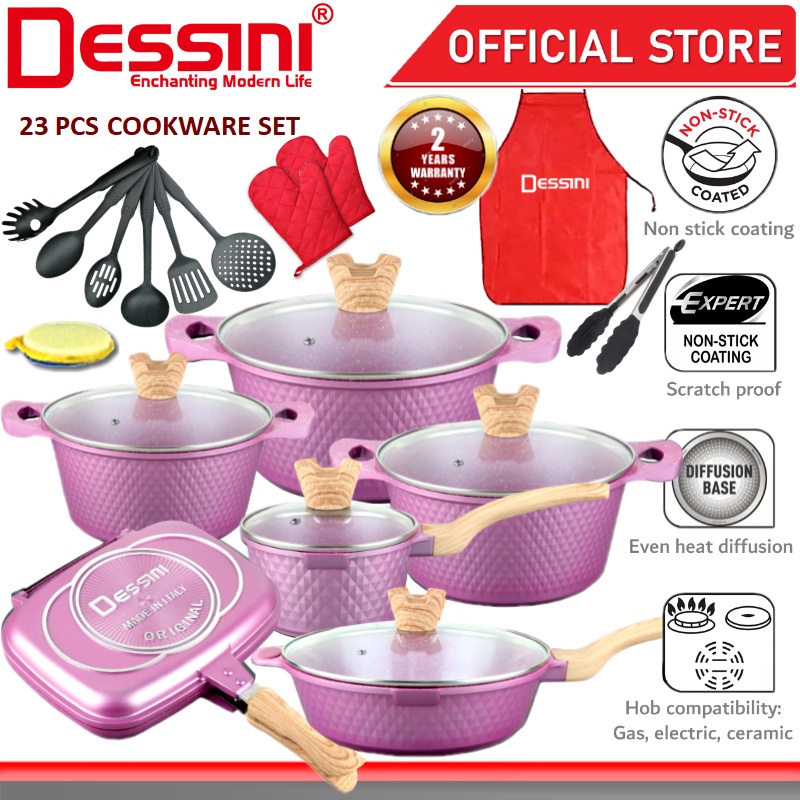 DESSINI ITALY Granite Aluminium Non Stick Casserole Pot Bowl Double Sided Grill Fry Pan Cookware Tool (23 Pcs)