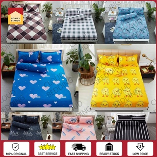 4in1 Fitted Queen/2in1 Single Fitted Cadar PREMIUM COTTON Bedsheet Sets Sarung Tilam Getah Keliling 360 Pillow Case