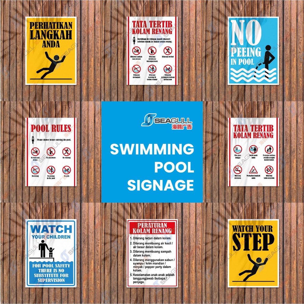 Swimming Pool Safety Signage Kolam Renang Pool Rules Sticker with Board