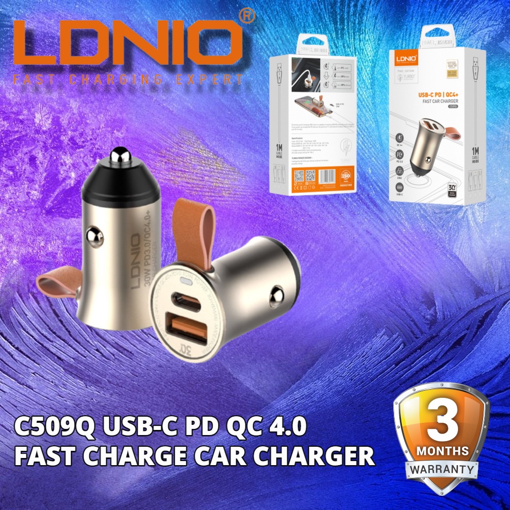 LDNIO C509Q New Design Dual Port Car Charger 30W TypeC PD and QC 3.0