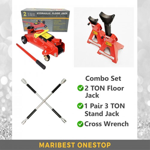 Combo 2 Ton Floor Jack 3 Ton Jack Stand Cross Wrench Carton Box