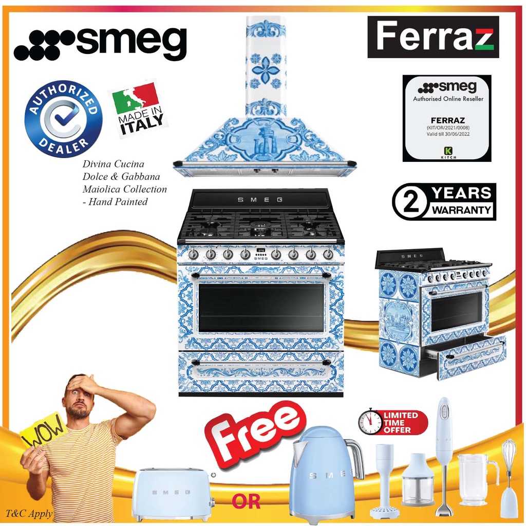 (Pre Order) Smeg - TR90DGM9 - Divina Cucina Dolce & Gabbana Maiolica Collection - Hand Painted Chimney Gas Hob + Oven