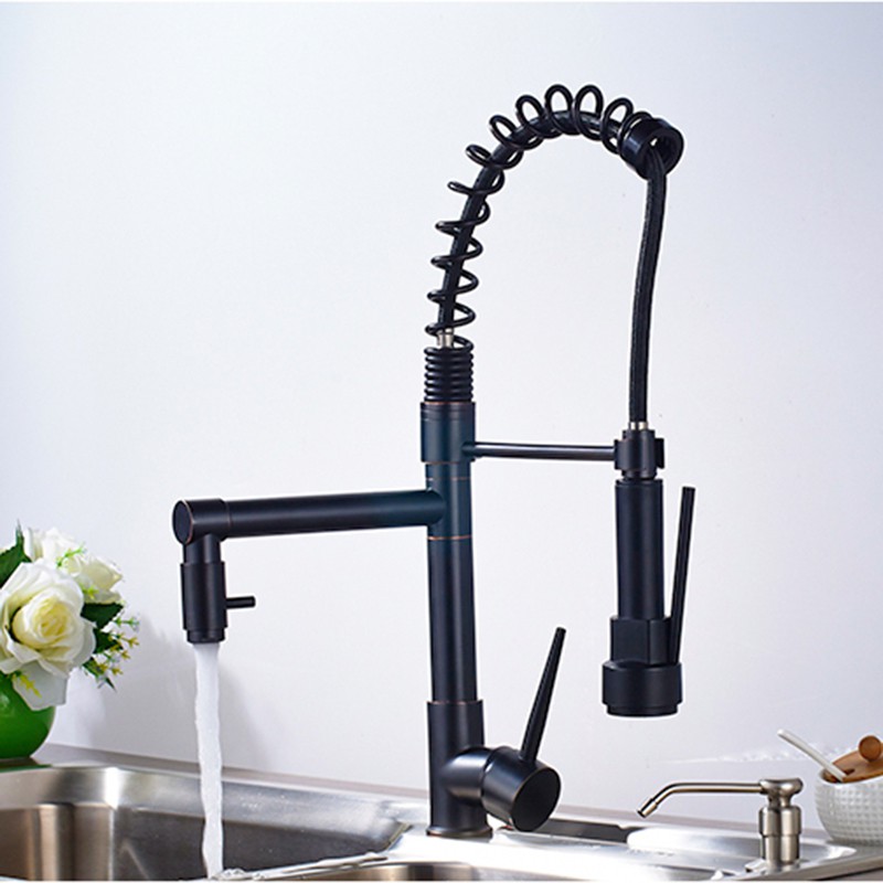 Led Light Black Bronze Dual Spout Kitchen Faucet Single Handle