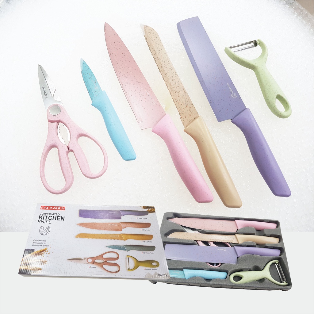 🎁KL STORE✨ 【6 In 1 in BOX】Stainless Steel Knife Set Scissors Kitchen Knife Knives Set Gun