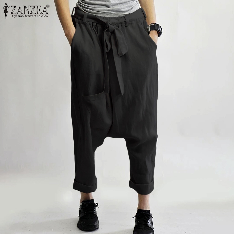 ZANZEA Women Elastic Waist Long Pants Drape Drop Crotch Harem Pants Trousers