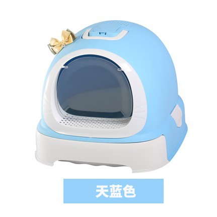 Cat Litter Tray With Transparent Door And Litter Drawer Blue