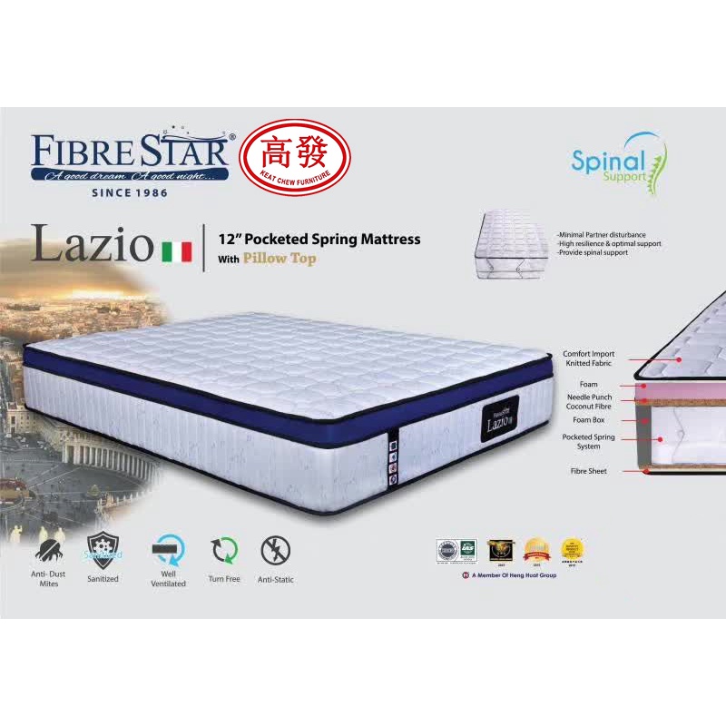 Fibre Star Lazio 12 inch Pocket Spring Mattress with Pillow Top Queen Tilam Sabut Kelapa Coconut