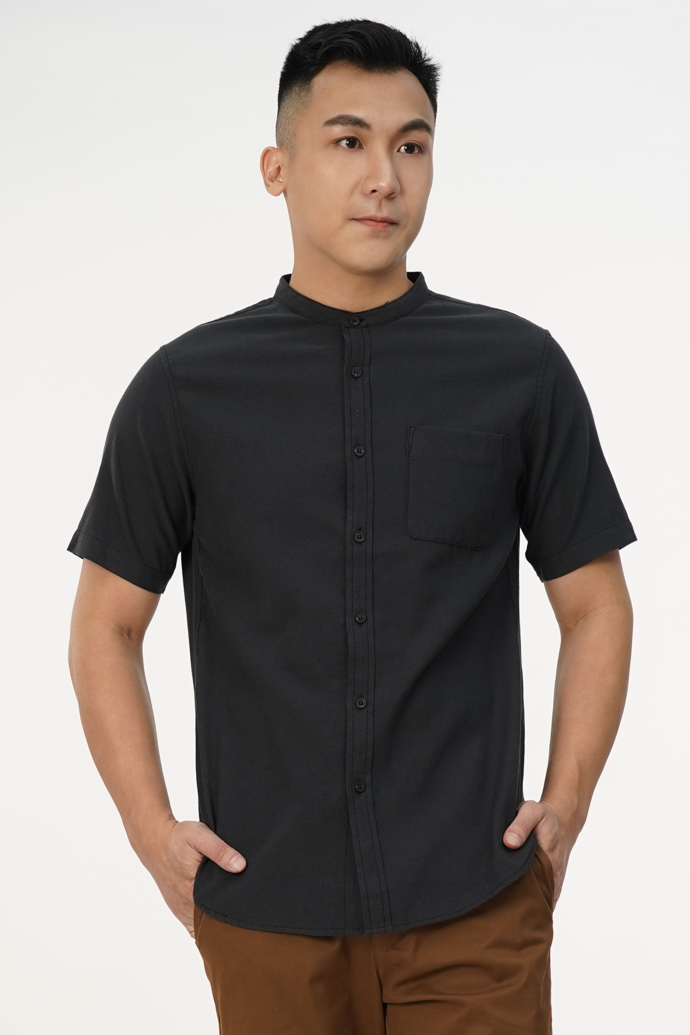 Buy Bff Men Mandarin Collar Black Shirt Kemeja Lelaki Lengan Pendek Seetracker Malaysia