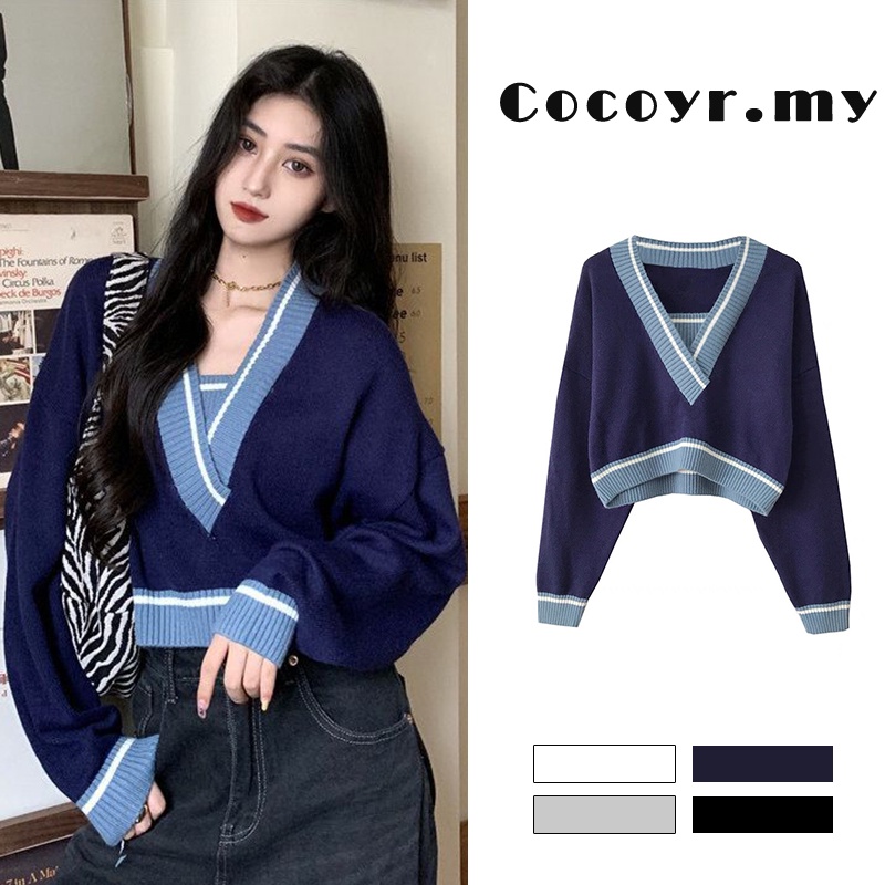 Cocoyr.my  Retro loose V-neck sweater Korean version of the spring and autumn contrast color long-sleeved sweater