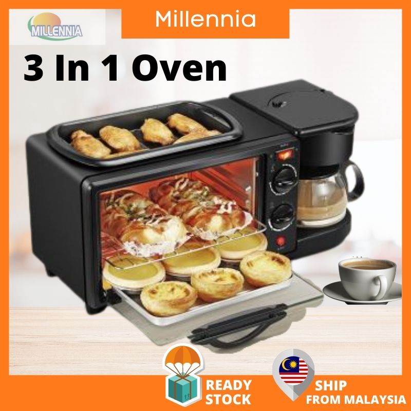 🔥Ready stock🔥 3 IN 1 Multi Function Electric Toaster Oven With Flying Pan & Coffee Maker Machine Household Bread Pizza .