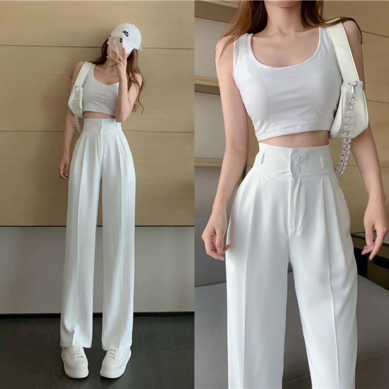 High-waisted wide-leg pants with front buttons and straight buckles, super stylish