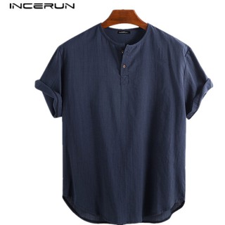 INCERUN Men Casual Retro Linen V-Neck Short Sleeve Cool Shirts