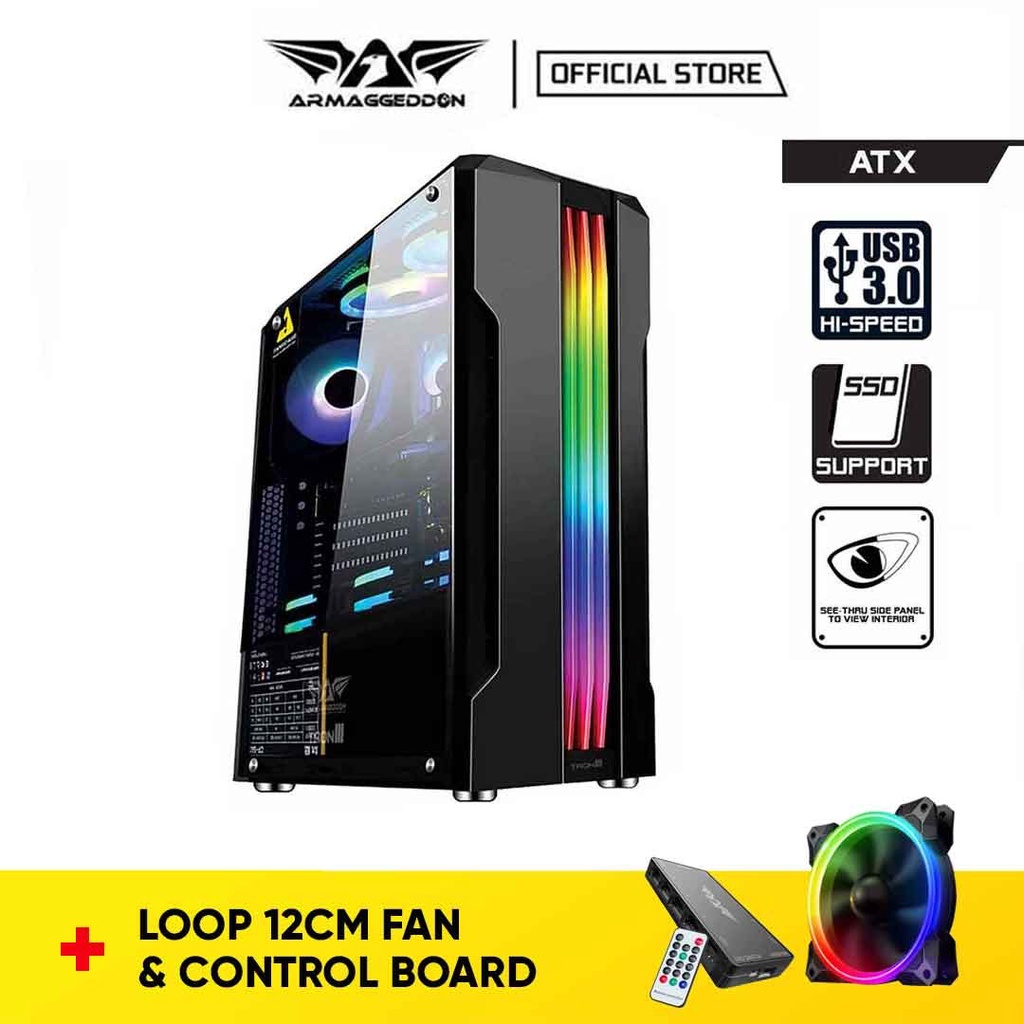 Armaggeddon Tron III ATX Gaming PC Case with Tempered Glass Side Panel Design | Free 3 Unit RGB Fan + Controller
