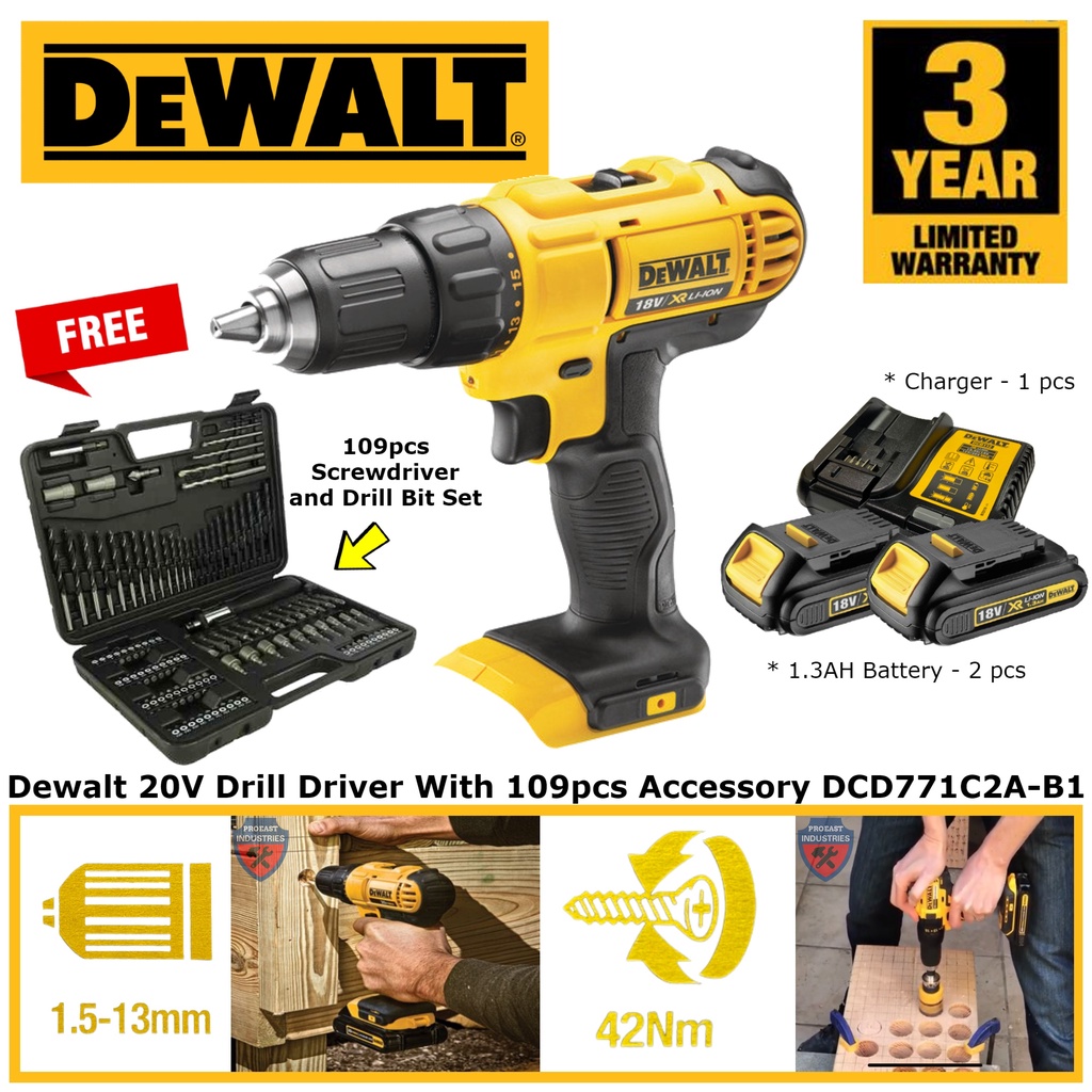 Dewalt DCD771C2AB1 18V Cordless 13mm Drill Driver With 109pcs Standard