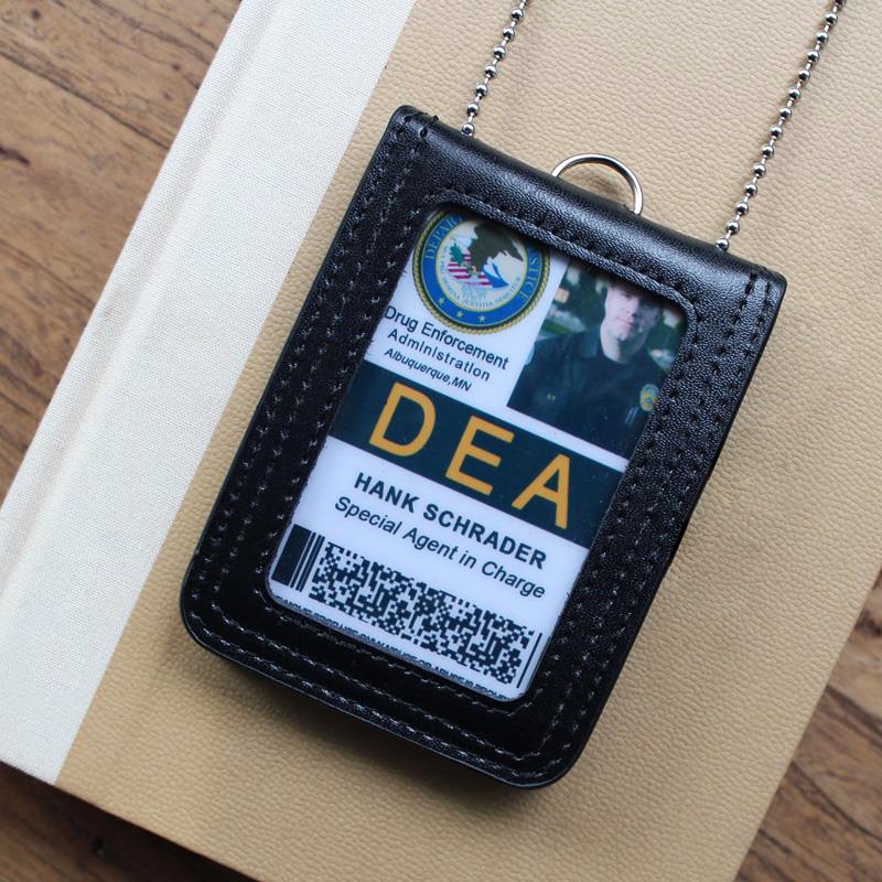 High Quality Reporter Police Military Neck Badge ID Credit Card Holder Leather Name tag Cases Pouch with Stainless steel chain lanyard