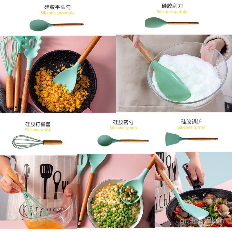 12 Pcs Silicone spatula Senduk Viral SpaCooking Tools Set Kitchen Cookware Utensils Scraper Senduk Penyepit Brush Dining