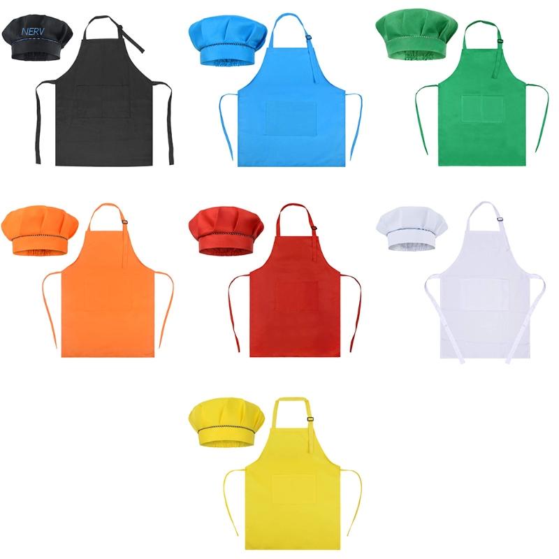 NERV Kids Boys Girls Solid Color Chef Outfits Chef Mushroom Hat Apron Bib Set Children Baker Uniform Costume Accessories